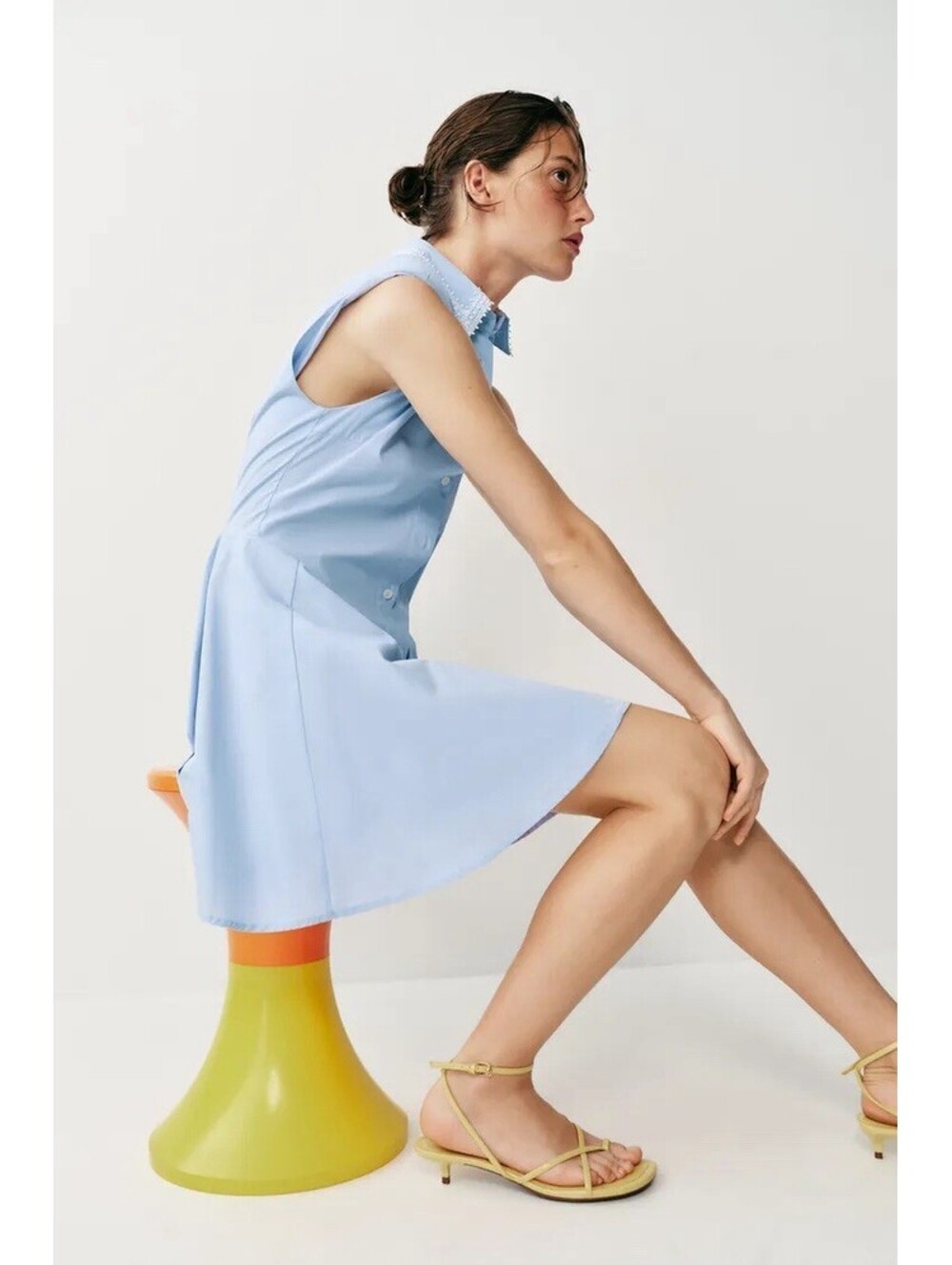 ZARA NWT WOMENS ORGANIC COTTON SHIRT DRESS WITH SHOULDER PADS IN SKY BLUE-SMALL
